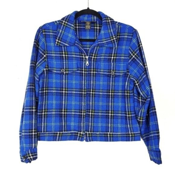 Express Womens Blue Plaid Front Zip Wool Blend Jacket Size S - Picture 1 of 8